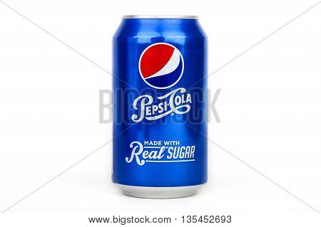 LONDON UK - JUNE 16TH 2016: A can of Pepsi Cola over a plain white background on 16th June 2016. The product is produced and manufactured by PepsiCo in the USA.