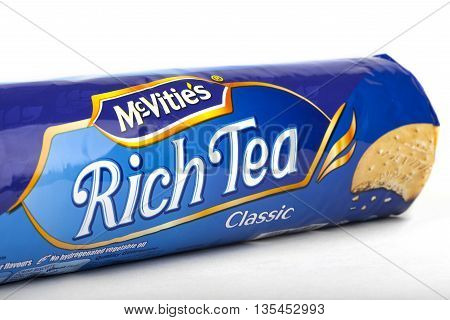 LONDON UK - JUNE 16TH 2016: A packet of Original McVities Rich Tea Biscuits on 16th June 2016. McVities is a brand of British snack food and is owned by United Biscuits.