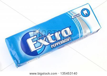 LONDON UK - JUNE 16TH 2016: A pack of Wrigleys Extra Sugarfree Peppermint Chewing Gum over a plain white background on 16th June 2016.