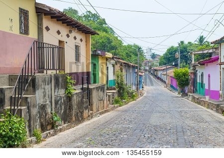 SUCHITOTO EL SALVADOR - MAY 07 : Street view of Suchitoto El Salvador on May 07 2016. the colonial town of Suchitoto built by the Spaniards in the 18th century