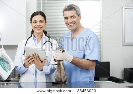 Female Doctor With Tablet Computer By Coworker Holding Weasel
