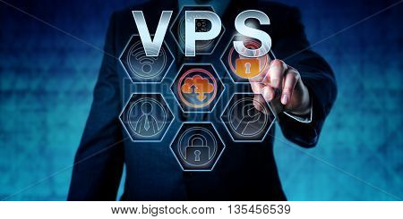 Corporate service provider is pressing VPS on virtual interactive touch screen interface. Business metaphor. Web hosting and computer network security concept for server virtualization.