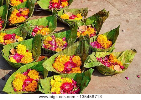 Puja flowers for aarti ceremony ritual, India