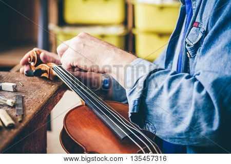 Luthier repair broken violin in his workshop