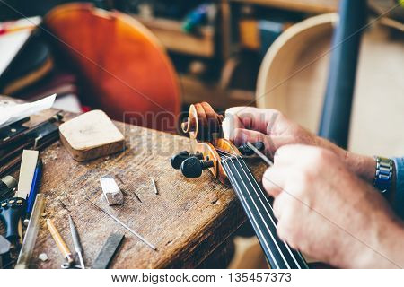 Luthier repair broken violin in his workshop