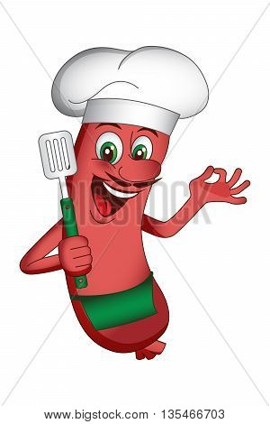 Vector Illustration of chef sausage character with a spatula