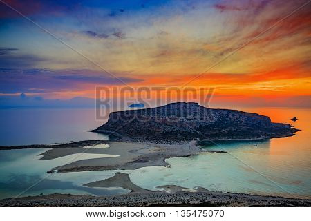 Amazing sunset of Balos Lagoon and Gramvousa island on Crete, Greece