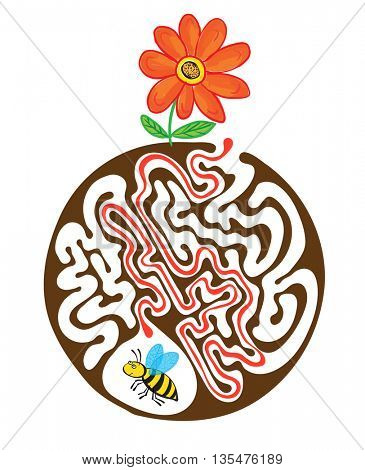 Maze puzzle for kids with bee and flower. Labyrinth illustration, solution included.