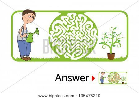 Maze puzzle for kids with gardener and flower. Labyrinth illustration, solution included.