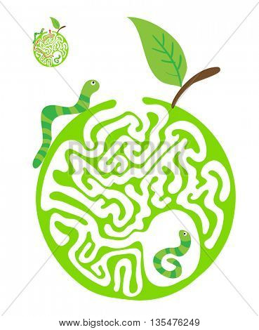 Maze puzzle for kids with caterpillars and apple. Labyrinth illustration, solution included.
