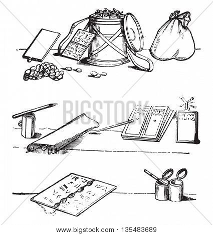 Manuscripts, tablets, Writing cases, pens, styluses discovered at Pompeii, vintage engraved illustration. Magasin Pittoresque 1836.