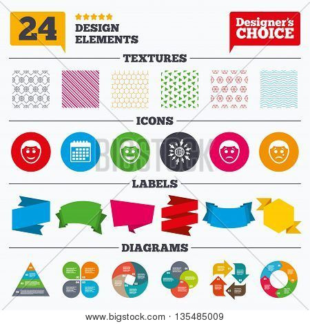 Banner tags, stickers and chart graph. Human smile face icons. Happy, sad, cry signs. Happy smiley chat symbol. Sadness depression and crying signs. Linear patterns and textures.