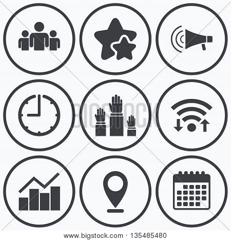 Clock, wifi and stars icons. Strike group of people icon. Megaphone loudspeaker sign. Election or voting symbol. Hands raised up. Calendar symbol.