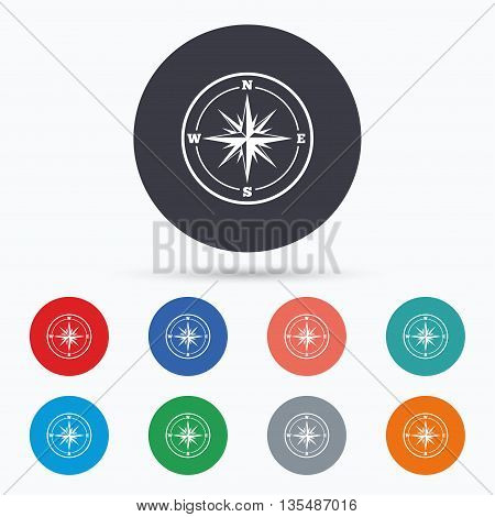 Compass sign icon. Windrose navigation symbol. Flat windrose compass icon. Simple design windrose compass symbol. Windrose compass graphic element. Circle buttons with windrose compass icon. Vector