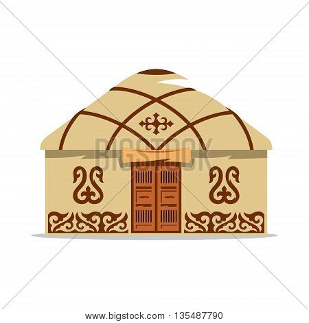 Yurt with traditional patterns on the walls and roof, with wooden double doors isolated on white background