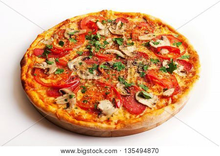 Pizza with tomatoes and mushrooms isolated on white