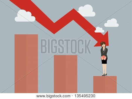 Bar graph down with desperate business woman. Business concept