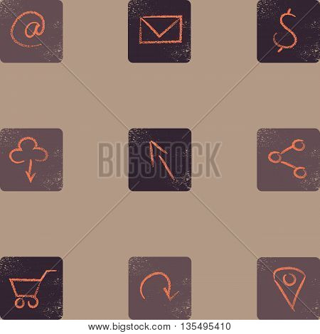 Brown and orange flat icons. Scratched and hand drawn