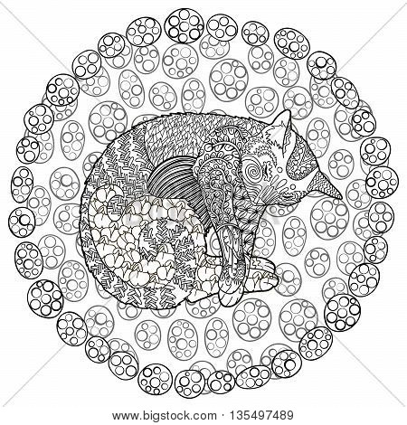 High detail illustration in zen tangle style. Adult coloring page for antistress art therapy. Sleeping cat on textured background. Template for t-shirt, tattoo, poster or cover. Vector illustration.
