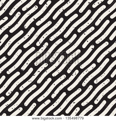 Vector Seamless Black And White Hand Drawn Daigonal Wavy Lines Grunge Pattern. Abstract Freehand Background Design