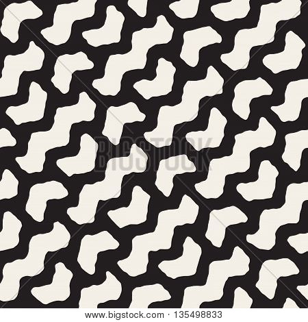 Vector Seamless Black And White Hand Drawn Daigonal Wavy Lines Pattern. Abstract Freehand Background Design