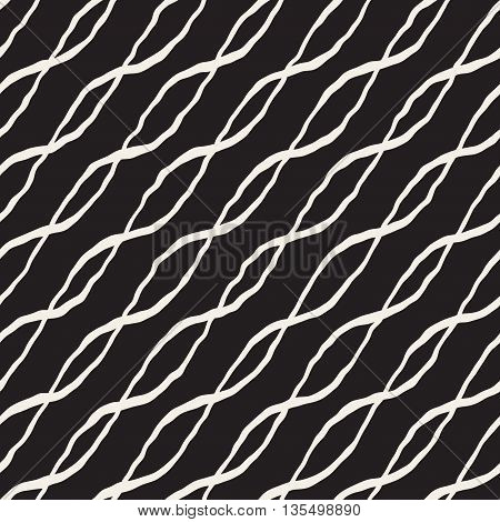 Vector Seamless Black And White Hand Drawn Diagonal Wavy Lines Pattern . Abstract Freehand Background Design