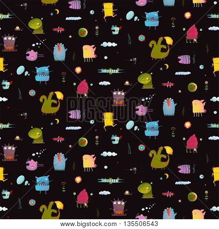 Seamless pattern Fun Cute Cartoon Monsters for Kids Design background. Vivid fabulous incredible creatures design isolated on black.