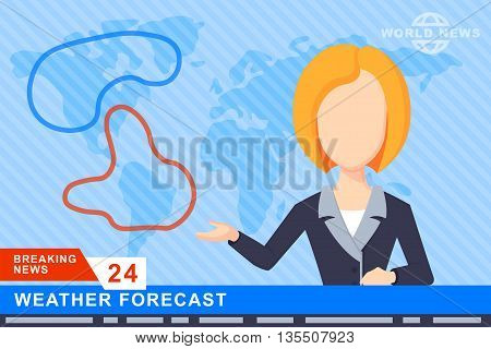 Anchorman on tv broadcast news. Anchorman on a globe background. Anchorman flat vector illustration. Anchorman with the weather report.