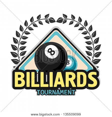 Vector Design Billiards, pool and snooker sport icon. Poolroom emblems design with balls, laurel wreath. Vector Illustration. Isolated on White.