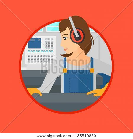 Woman working on metal press machine. Worker in headphones operating metal press machine at workshop. Woman using press machine. Vector flat design illustration in the circle isolated on background.