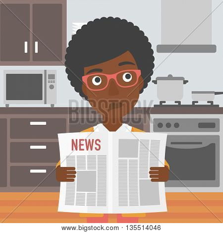 An african-american woman reading the newspaper on the background of kitchen vector flat design illustration. Square layout.