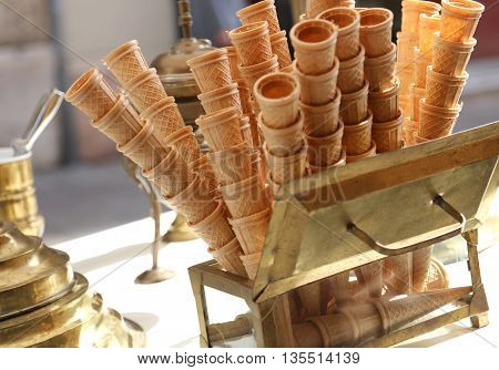 Sweet Waffle Ice Cream Cones In The Ice Cream Cart