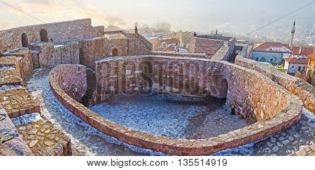 The snowbound ruins of the medieval citadel located in old Ankara Turkey.