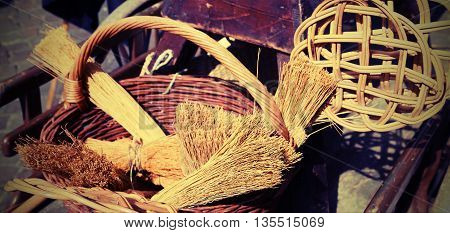 Brooms Of Sorghum, A Carpet Beater And Wicker Containers For Sal