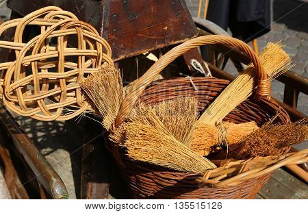 Broom Of Sorghum, Carpet Beater And Wicker Containers