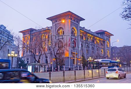 ANKARA TURKEY - JANUARY 16 2015: The headquarters of the Ziraat Bank in bright evening lights on January 16 in Ankara.