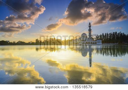 Majestic view of Terengganu Mosque during sunset.