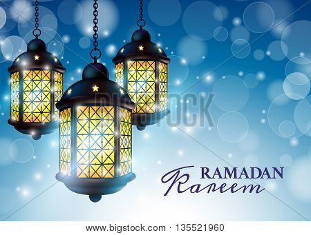 Ramadan Lantern Or Fanous With Ramadan Kareem Greetings In A Blurry Blue Background. 3D Realistic Ve