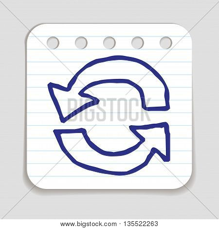Doodle Recycle Arrows icon. Blue pen hand drawn infographic symbol on a notepaper piece. Line art style graphic design element. Web button with shadow. Loading, reload, pre-loader, ecology concept.