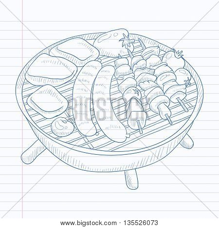 Assorted delicious grilled meat with vegetable on a barbecue grid. Grilled meat hand drawn on notebook paper in line background. Grilled meat vector sketch illustration.