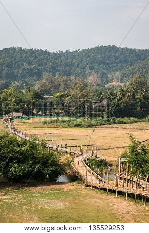 Su Tong Pe bridge beautiful bamboo bridge in Mae Hong Son province Thailand.