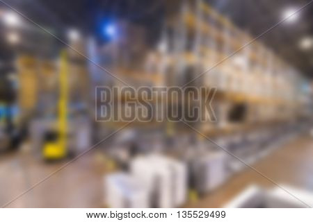 Large modern warehouse theme creative abstract blur background with bokeh effect