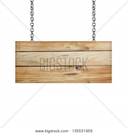 Wooden sign hanging on a chain isolated on white background