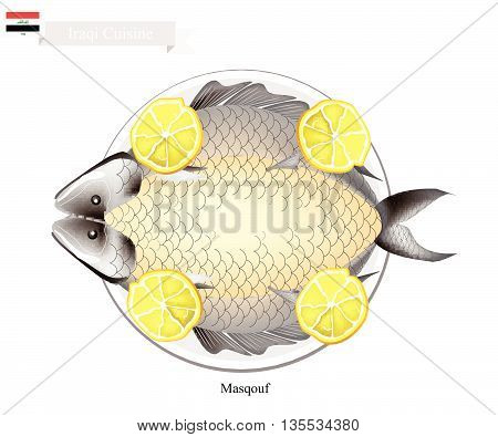 Iraqi Cuisine Illustration of Masqouf or Traditional Grilled Carp Fish on Campfire. A National Dish of Iraq.