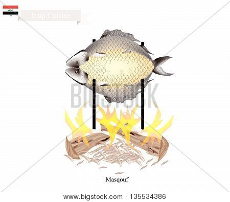 Iraqi Cuisine Masqouf or Traditional Grilled Carp Fish on Campfire. A National Dish of Iraq..
