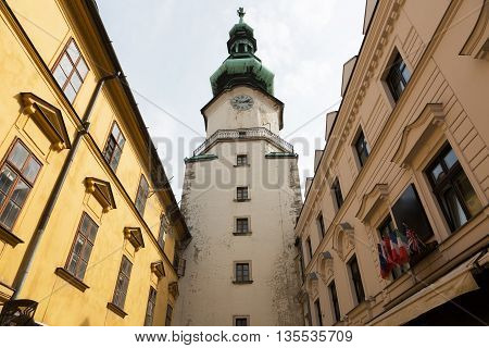 Famous St. Michaels watch tower and gate in the old town of Bratislava city Slovakia