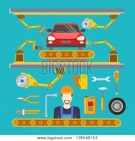 Flat car repair fix service line conveyor robot concept Vector