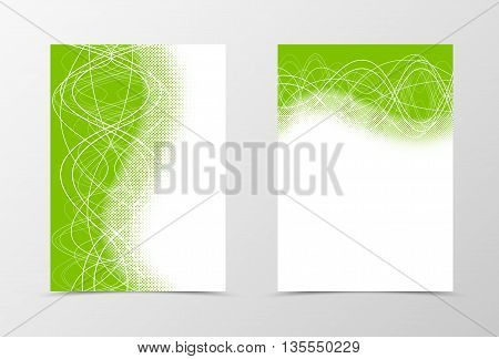 Flyer template design with halftone effect. Abstract flyer template in green color with curly lines . Wavy flyer design. Vector illustration