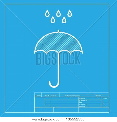 Umbrella with water drops. Rain protection symbol. Flat design style. White section of icon on blueprint template.