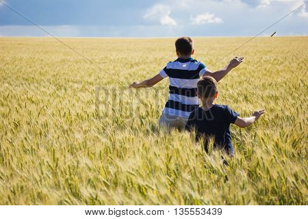 Happy young couple walking together through wheat field